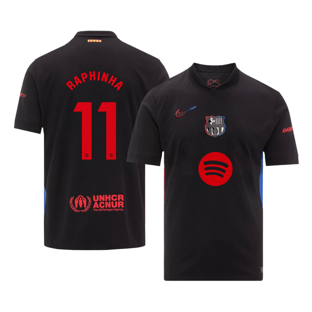 Barcelona RAPHINHA #11 Soccer Jersey Away Custom Shirt 2024/25 Spotify Logo Without Text
