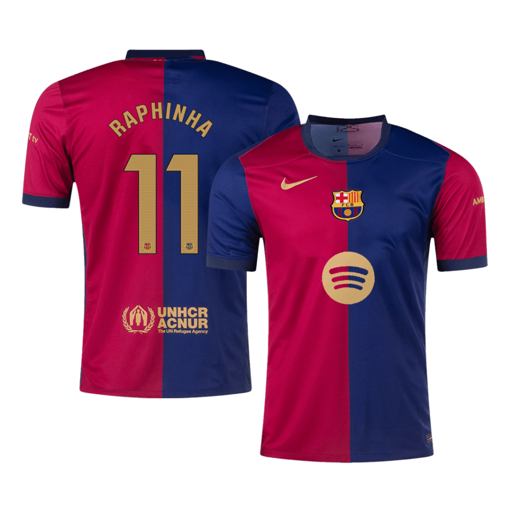 Barcelona Jersey RAPHINHA #11 Soccer Jersey Home 2024/25 Spotify Logo Without Text