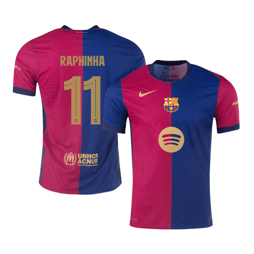 RAPHINHA #11 Authentic Barcelona Home Soccer Jersey 2024/25 Red&Blue - UCL (Spotify Logo Without Text)